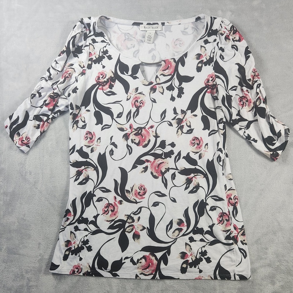 WHITE HOUSE BLACK MARKET FLORAL WHITE TOP MEDIUM 3/4 SLEEVE Women's Key Hole